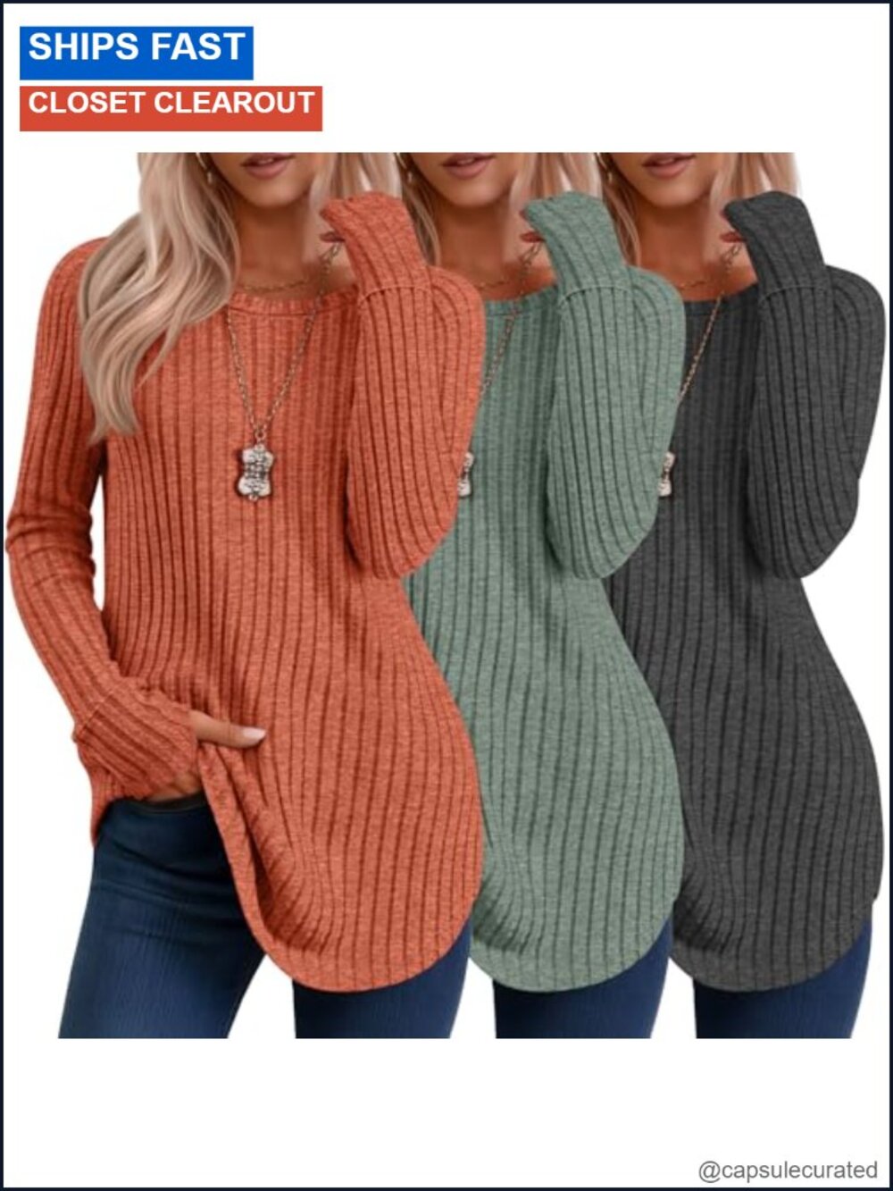 3 Pack Women's Long Sleeve Tunic Sweaters with Thumb Hole, Ribbed Knit,